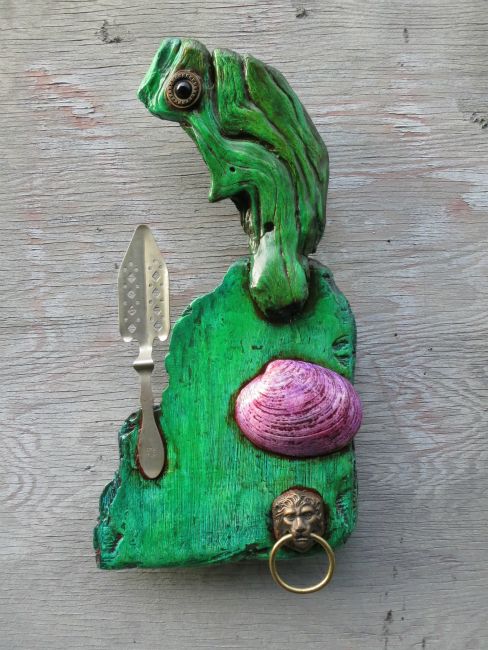 Green Faerie Fiddle mixed media on wood  13"x 6"